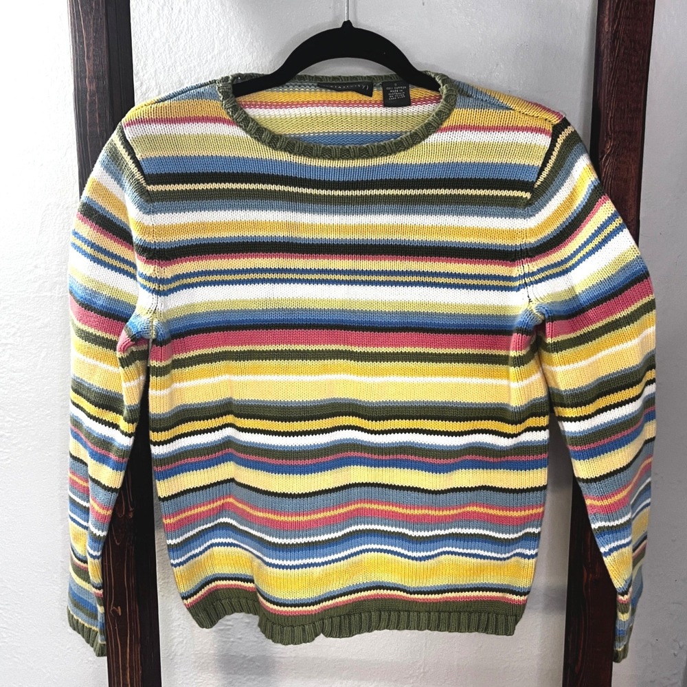 Relativity Womens Cotton Striped Sweater Multi Color Crew Neck 90s Small Rainbow